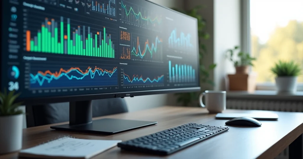 Tela de computador mostrando dashboard detalhado com gráficos e dados para análise digital