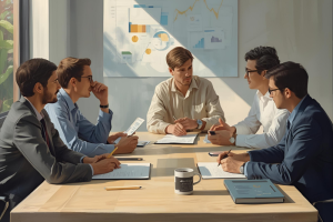 time de marketing em reunião analisando