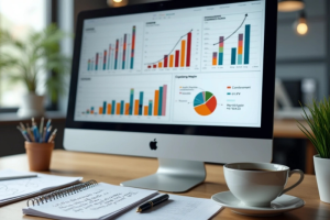 Computador exibindo gráficos financeiros detalhados de e-commerce com tabelas de custo de aquisição e lucro