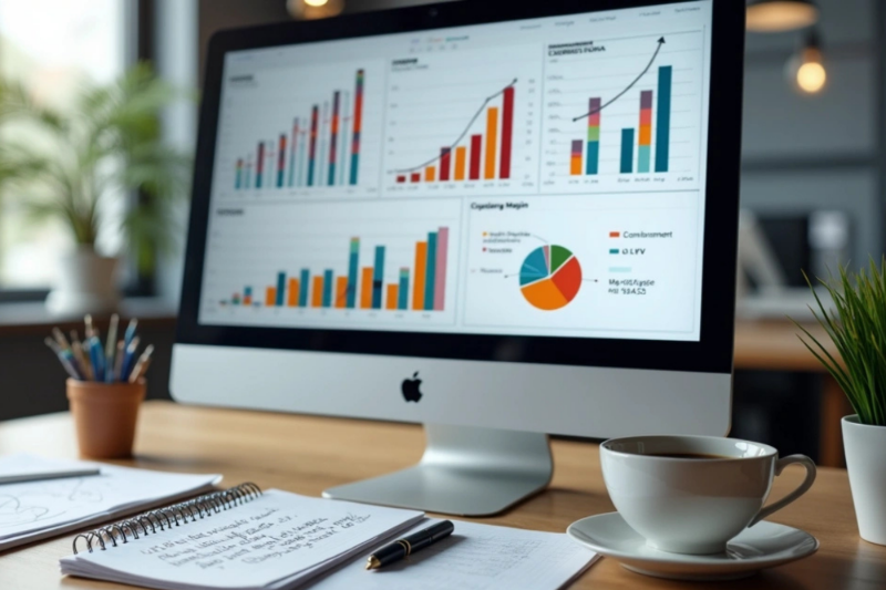 Computador exibindo gráficos financeiros detalhados de e-commerce com tabelas de custo de aquisição e lucro