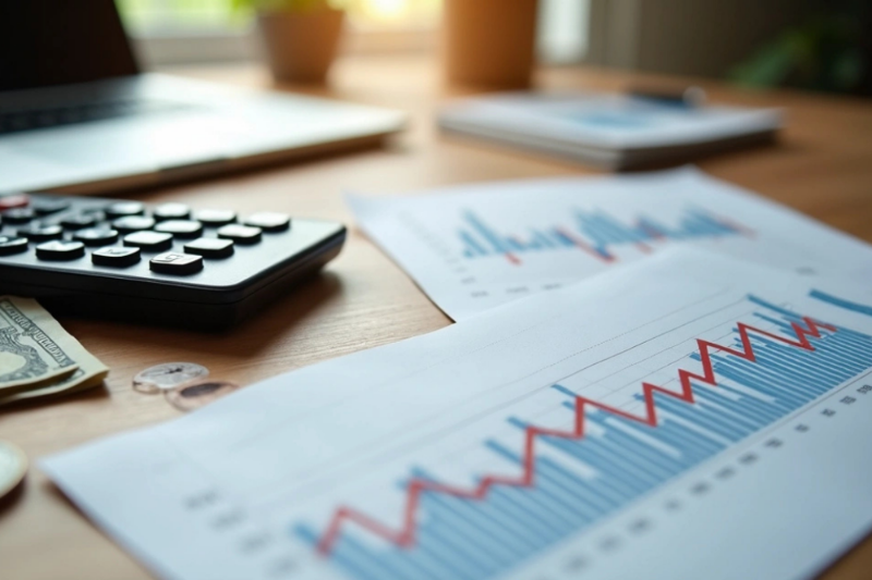 Executivo analisa painel digital com gráficos de margem e taxas em vermelho e verde, cercado por símbolos de marketplace e logística. Tons frios, estilo realista e atmosfera analítica.