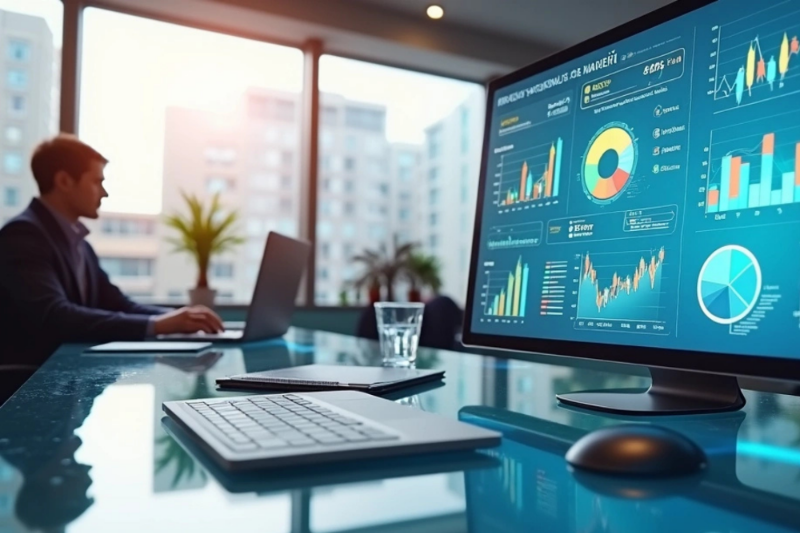 Dashboard digital detalhado mostrando gráficos de performance em campanhas de mídia paga com análise de dados e métricas de otimização