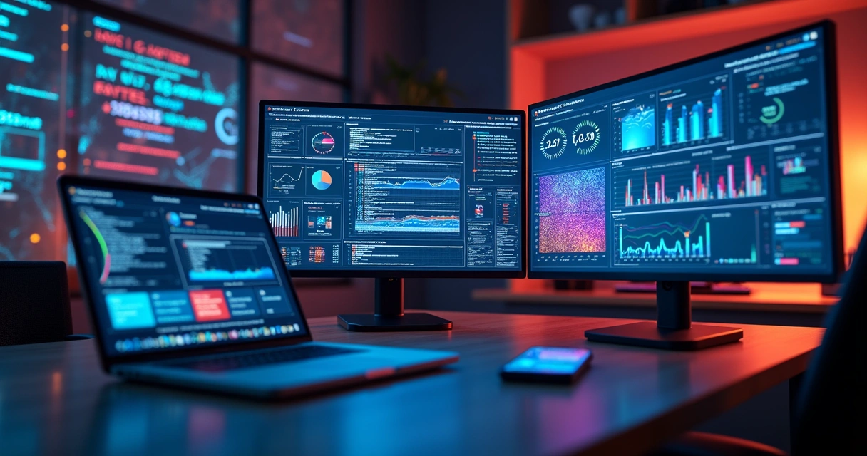 Mesa de trabalho com múltiplas telas exibindo gráficos de dados, automação e análises digitais integradas