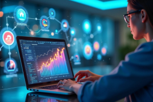 Pessoa analisando gráficos digitais em laptop com ícones de dados e ROI ao redor