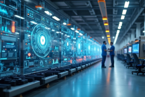 Fábrica moderna com máquinas automatizadas conectadas via IoT e painéis digitais integrando dados em tempo real