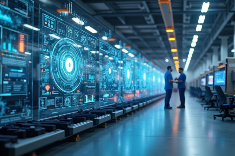 Fábrica moderna com máquinas automatizadas conectadas via IoT e painéis digitais integrando dados em tempo real