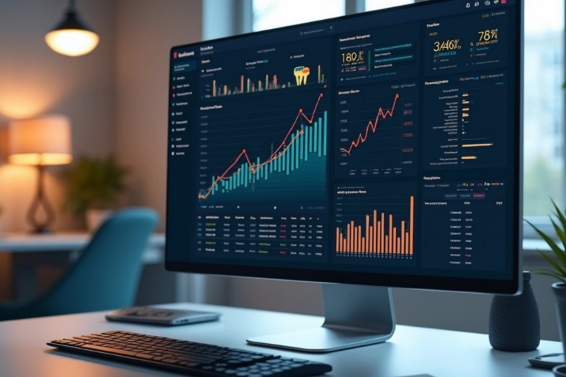 Tela de computador exibindo dashboard com gráficos de tráfego orgânico e dados de SEO técnico para marketplace
