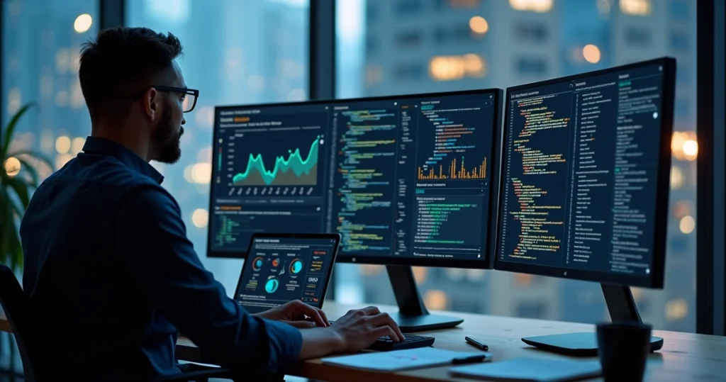 Profissional analisando painel de SEO técnico em vários monitores