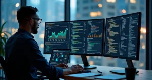 Profissional analisando painel de SEO técnico em vários monitores