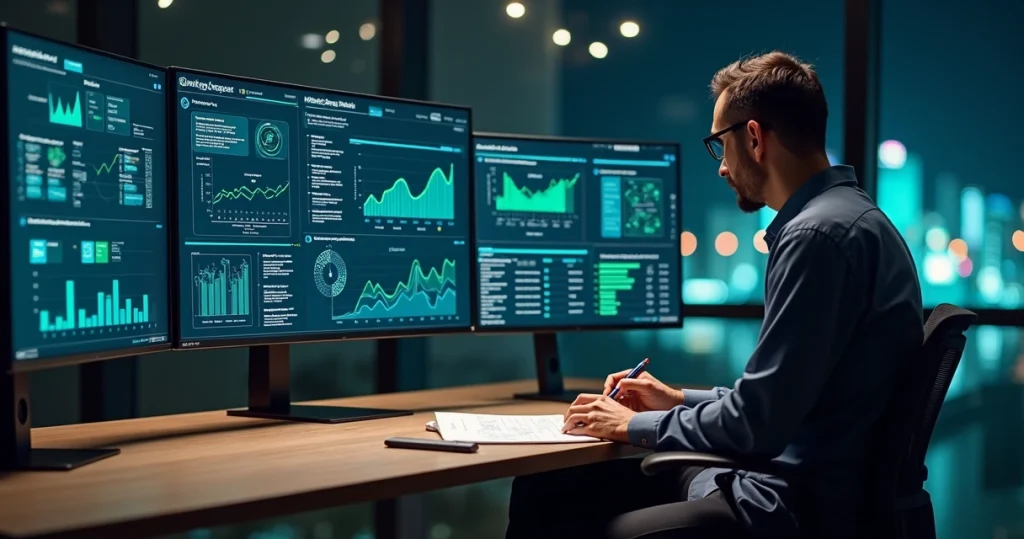 Gestor analisando painel com automação de decisões em múltiplos canais digitais
