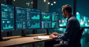 Gestor analisando painel com automação de decisões em múltiplos canais digitais