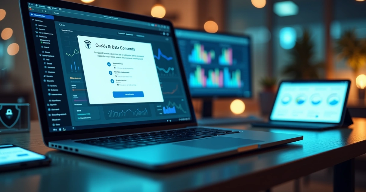 Tela de notebook exibindo painel de campanha digital com aviso de consentimento de dados em destaque