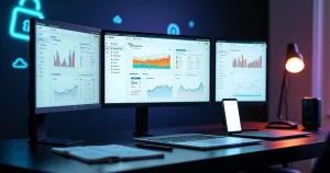 Painel de analytics com múltiplas ferramentas em telas diferentes