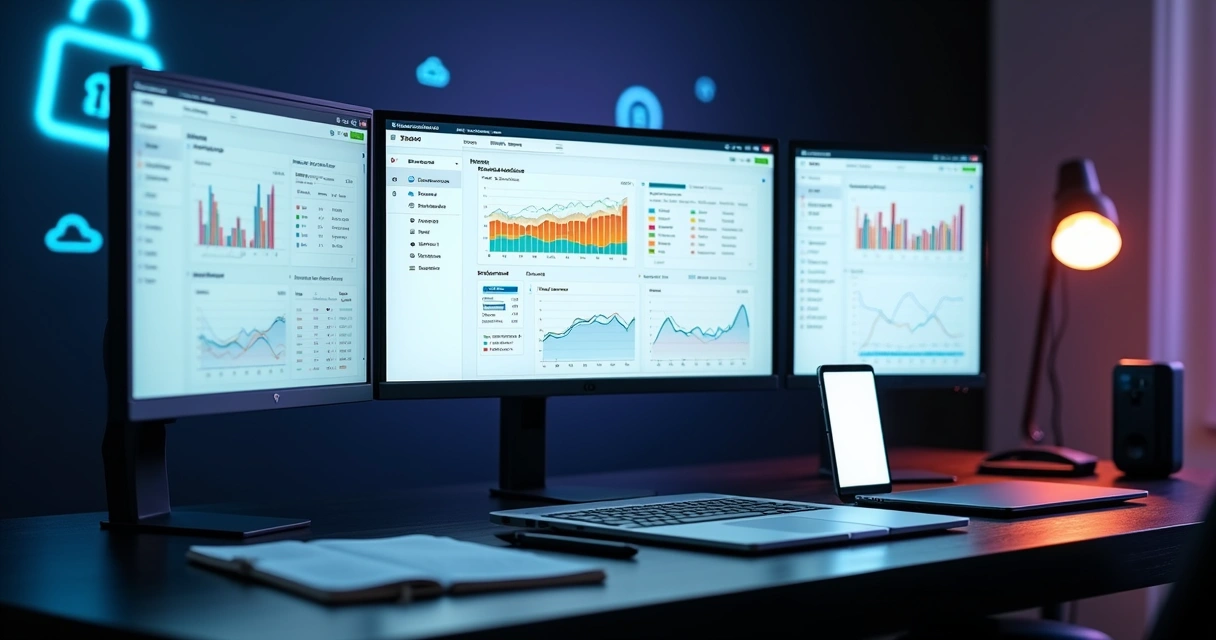 Painel de analytics com múltiplas ferramentas em telas diferentes