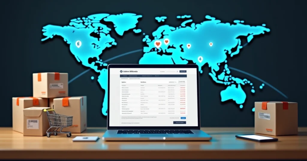 Loja virtual em laptop com mapa-múndi e ícones de entrega global
