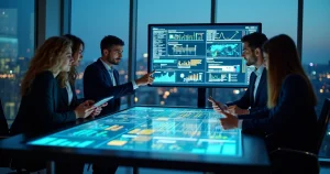 Equipe de marketing e vendas B2B analisando funil de vendas complexo em painel digital