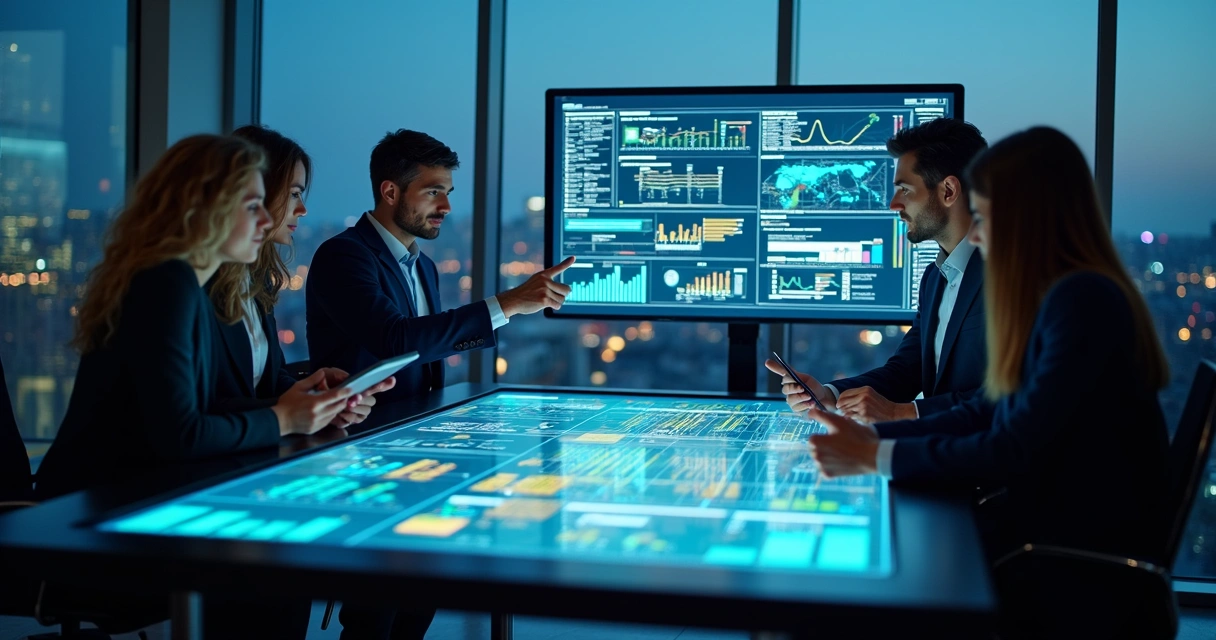 Equipe de marketing e vendas B2B analisando funil de vendas complexo em painel digital