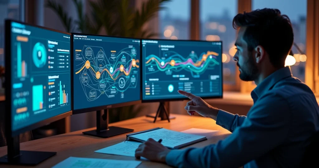Gestor de marketing analisando mapa da jornada do cliente em múltiplos canais digitais