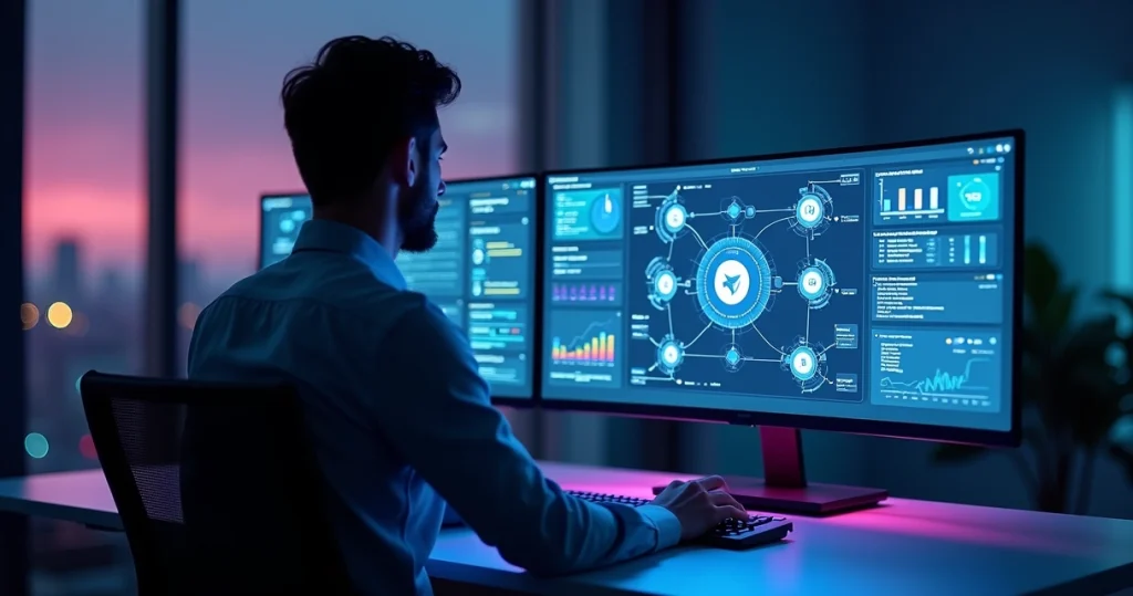 Profissional analisa painel digital com várias ferramentas de automação de marketing conectadas