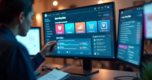 Profissional de marketing analisando dados em painel com usuário escolhendo preferências