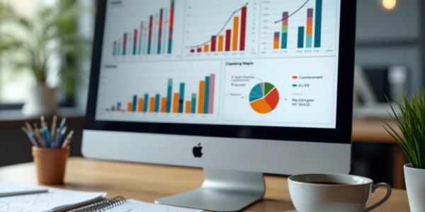 Computador exibindo gráficos financeiros detalhados de e-commerce com tabelas de custo de aquisição e lucro