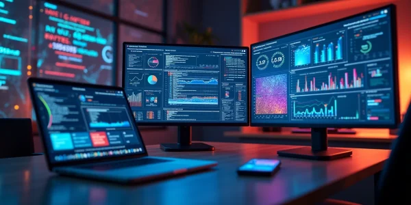 Mesa de trabalho com múltiplas telas exibindo gráficos de dados, automação e análises digitais integradas