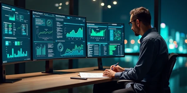 Gestor analisando painel com automação de decisões em múltiplos canais digitais