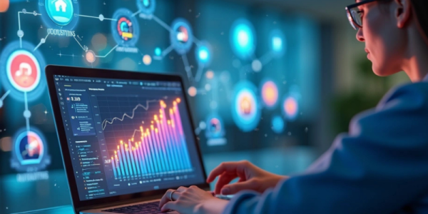 Pessoa analisando gráficos digitais em laptop com ícones de dados e ROI ao redor