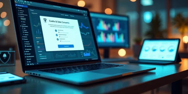 Tela de notebook exibindo painel de campanha digital com aviso de consentimento de dados em destaque