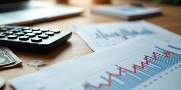 Executivo analisa painel digital com gráficos de margem e taxas em vermelho e verde, cercado por símbolos de marketplace e logística. Tons frios, estilo realista e atmosfera analítica.