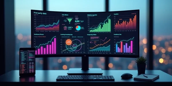 Painel de marketing digital com gráficos e ícones de dados first-party em destaque