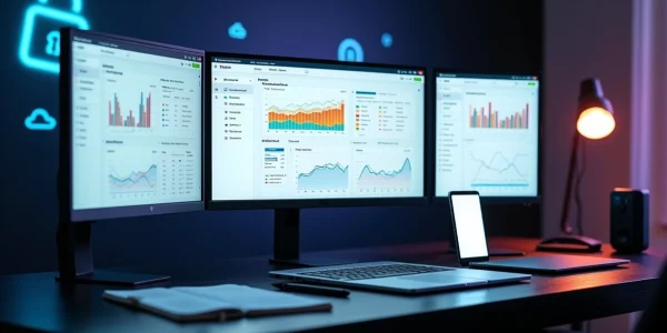 Painel de analytics com múltiplas ferramentas em telas diferentes