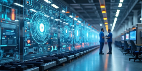 Fábrica moderna com máquinas automatizadas conectadas via IoT e painéis digitais integrando dados em tempo real