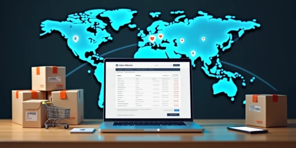 Loja virtual em laptop com mapa-múndi e ícones de entrega global