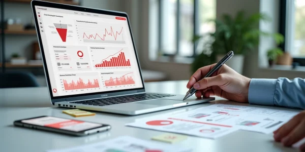 Gestor de ecommerce analisando funil de conversão com gráficos em tela de laptop