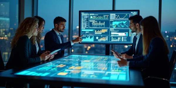 Equipe de marketing e vendas B2B analisando funil de vendas complexo em painel digital