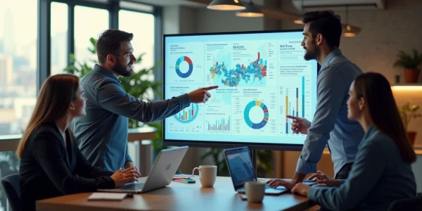 Equipe de marketing digital analisando gráficos de retenção de clientes após Black Friday em ambiente moderno