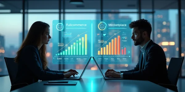 Comparação detalhada entre fullcommerce e marketplace mostrando gráficos digitais e ícones de e-commerce