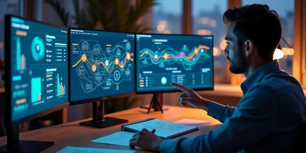 Gestor de marketing analisando mapa da jornada do cliente em múltiplos canais digitais