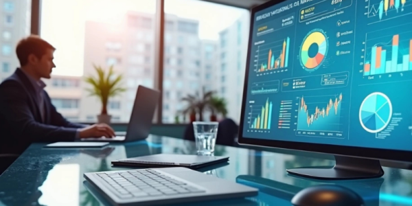 Dashboard digital detalhado mostrando gráficos de performance em campanhas de mídia paga com análise de dados e métricas de otimização