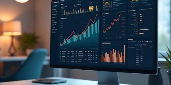 Tela de computador exibindo dashboard com gráficos de tráfego orgânico e dados de SEO técnico para marketplace