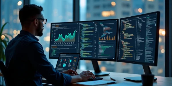 Profissional analisando painel de SEO técnico em vários monitores