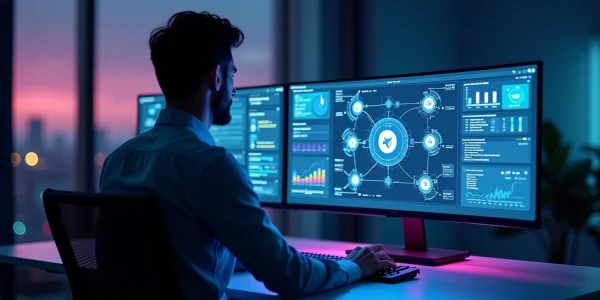 Profissional analisa painel digital com várias ferramentas de automação de marketing conectadas