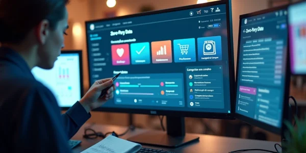 Profissional de marketing analisando dados em painel com usuário escolhendo preferências